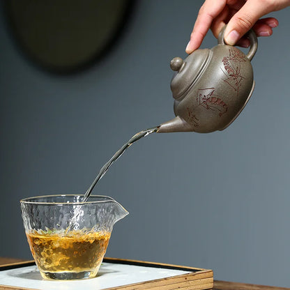 Purple Clay Pot,Green Grey Section Mud,Hand-carved,Shrimp Fun Horizontal,Yixing Teapot,Drinkware,Kettle,Zisha,Yixing,Gift