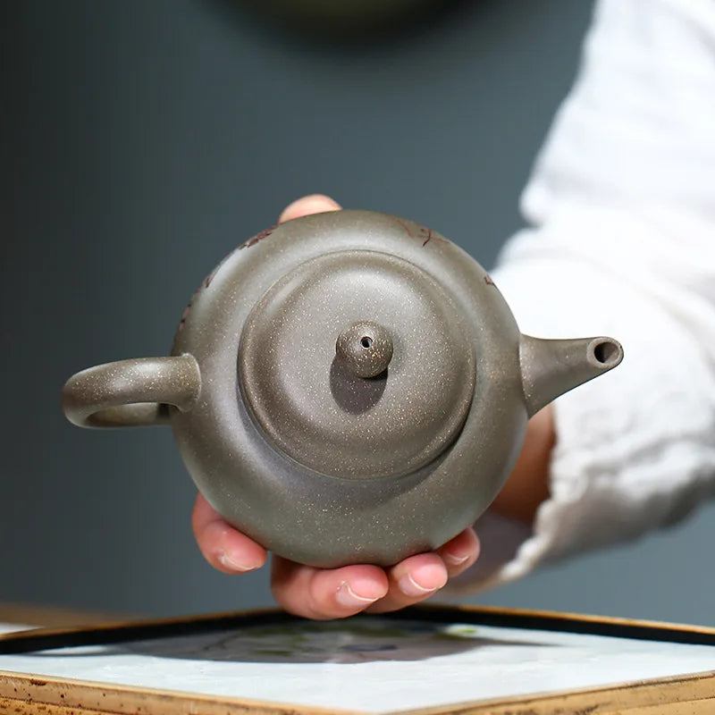 Purple Clay Pot,Green Grey Section Mud,Hand-carved,Shrimp Fun Horizontal,Yixing Teapot,Drinkware,Kettle,Zisha,Yixing,Gift