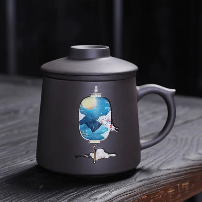Purple Clay Teacup Set with Lid Filter, Office Mark Cup, Portable Drinking Utensils, Personalized Tea Set, I075, 400ml