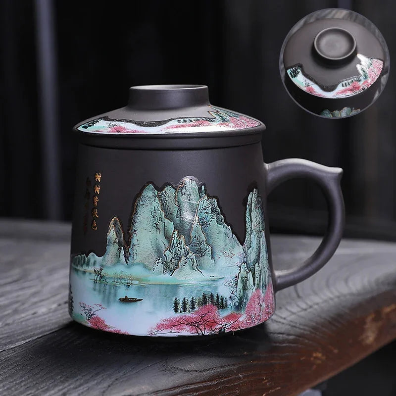 Purple Clay Teacup Set with Lid Filter, Office Mark Cup, Portable Drinking Utensils, Personalized Tea Set, I075, 400ml