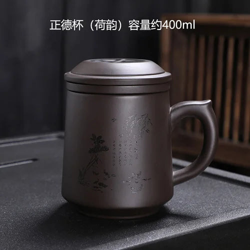 Purple Clay Teacup Set with Lid Filter, Office Mark Cup, Portable Drinking Utensils, Personalized Tea Set, 400ml