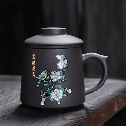 Purple Clay Teacup Set with Lid Filter, Office Mark Cup, Portable Drinking Utensils, Personalized Tea Set, I075, 400ml
