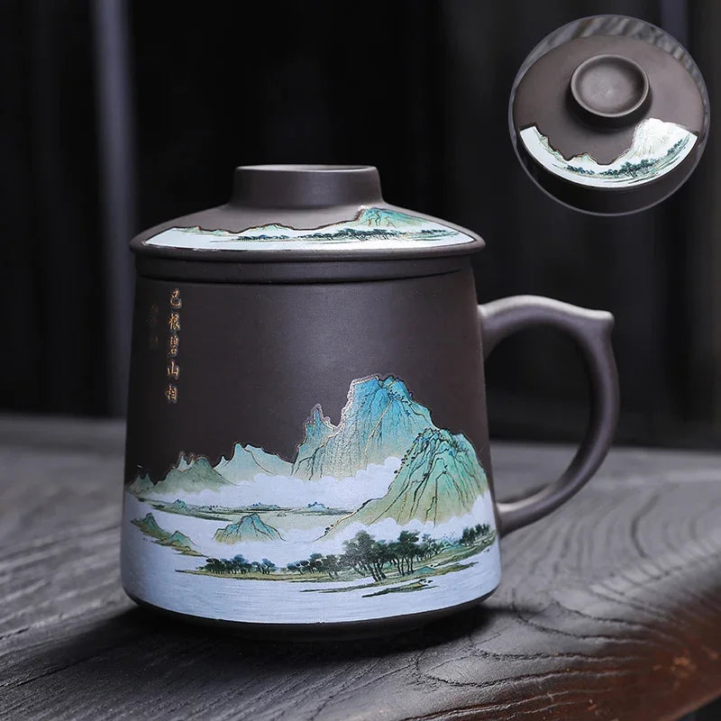 Purple Clay Teacup Set with Lid Filter, Office Mark Cup, Portable Drinking Utensils, Personalized Tea Set, I075, 400ml