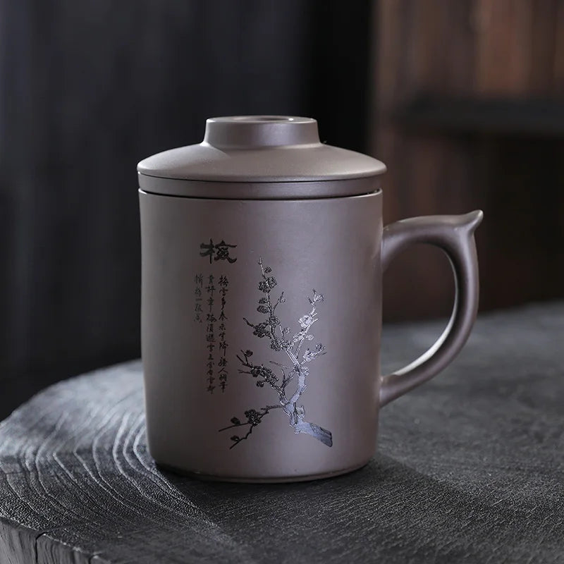 Purple Clay Teacup with Lid Filter, Office Mark Cup, Portable Drinking Utensils, Personality Tea Set, Travel Teacup, I081, 340ml