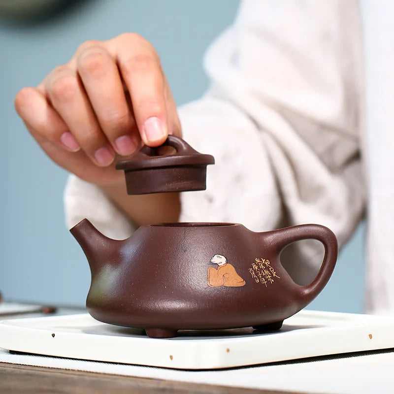 Purple Clay Teapot with Contented Changle Stone Scoop, Zisha Teapot, Handmade Pot, Kung-Fu Teaware, Purple Clay Drinkware