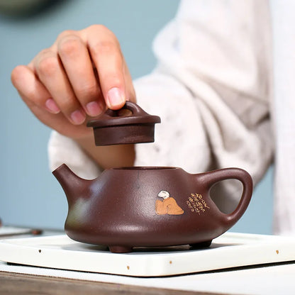 Purple Clay Teapot with Contented Changle Stone Scoop, Zisha Teapot, Handmade Pot, Kung-Fu Teaware, Purple Clay Drinkware