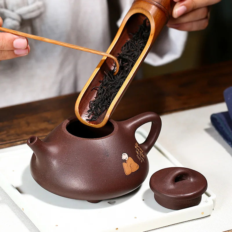 Purple Clay Teapot with Contented Changle Stone Scoop, Zisha Teapot, Handmade Pot, Kung-Fu Teaware, Purple Clay Drinkware