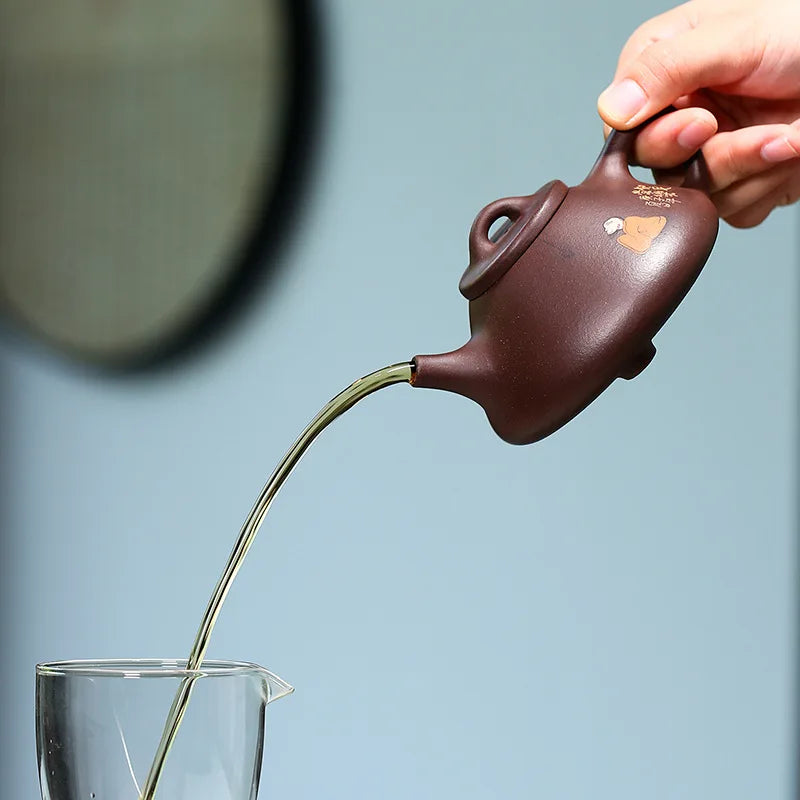 Purple Clay Teapot with Contented Changle Stone Scoop, Zisha Teapot, Handmade Pot, Kung-Fu Teaware, Purple Clay Drinkware