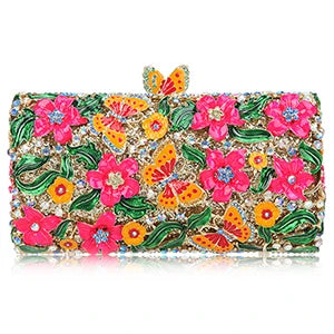 Purple Floral Crystal Women Clutch Bag Fashion Blue Butterfly Evening Clutches Purse Ladies Green Leaves Handbags Female Clutch
