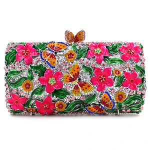 Purple Floral Crystal Women Clutch Bag Fashion Blue Butterfly Evening Clutches Purse Ladies Green Leaves Handbags Female Clutch