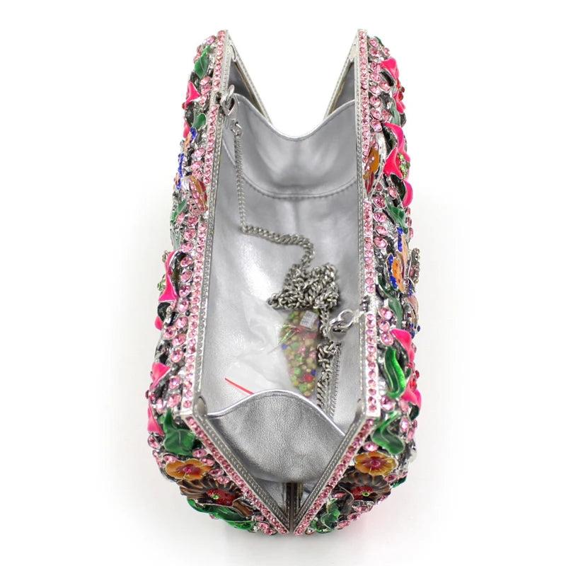 Purple Floral Crystal Women Clutch Bag Fashion Blue Butterfly Evening Clutches Purse Ladies Green Leaves Handbags Female Clutch