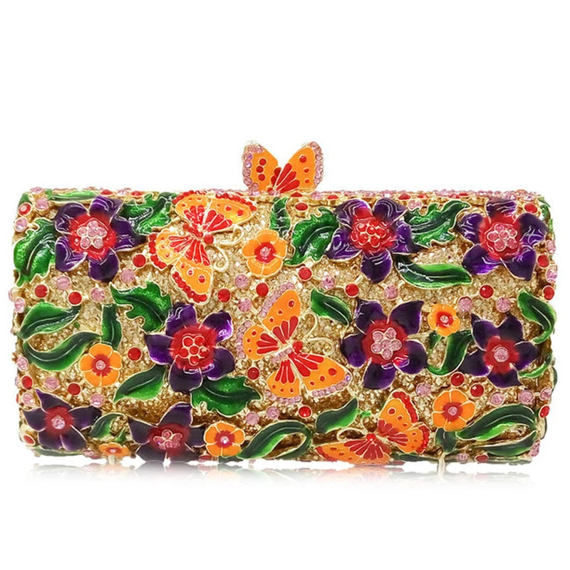 Purple Floral Crystal Women Clutch Bag Fashion Blue Butterfly Evening Clutches Purse Ladies Green Leaves Handbags Female Clutch