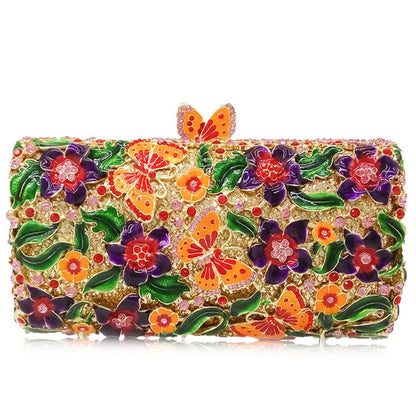 Purple Floral Crystal Women Clutch Bag Fashion Blue Butterfly Evening Clutches Purse Ladies Green Leaves Handbags Female Clutch