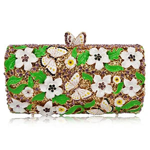Purple Floral Crystal Women Clutch Bag Fashion Blue Butterfly Evening Clutches Purse Ladies Green Leaves Handbags Female Clutch