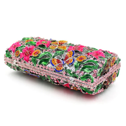 Purple Floral Crystal Women Clutch Bag Fashion Blue Butterfly Evening Clutches Purse Ladies Green Leaves Handbags Female Clutch