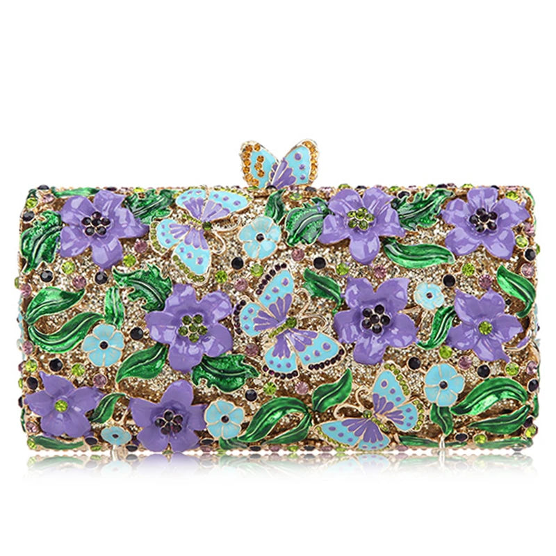 Purple Floral Crystal Women Clutch Bag Fashion Blue Butterfly Evening Clutches Purse Ladies Green Leaves Handbags Female Clutch