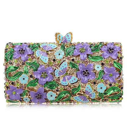 Purple Floral Crystal Women Clutch Bag Fashion Blue Butterfly Evening Clutches Purse Ladies Green Leaves Handbags Female Clutch