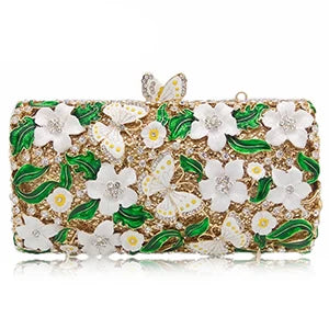 Purple Floral Crystal Women Clutch Bag Fashion Blue Butterfly Evening Clutches Purse Ladies Green Leaves Handbags Female Clutch