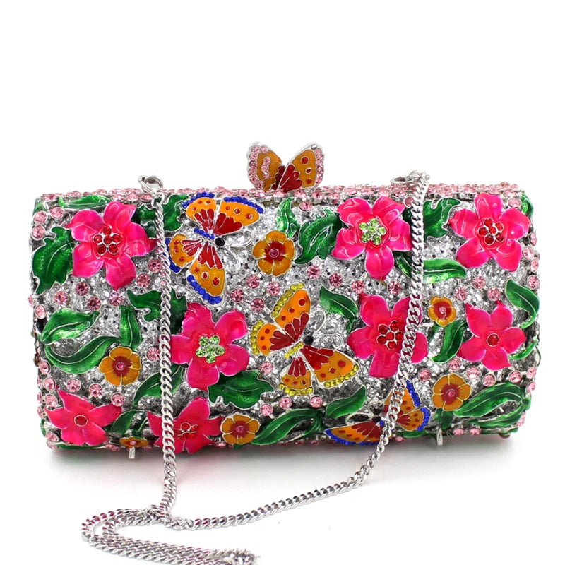 Purple Floral Crystal Women Clutch Bag Fashion Blue Butterfly Evening Clutches Purse Ladies Green Leaves Handbags Female Clutch