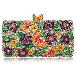 Purple Floral Crystal Women Clutch Bag Fashion Blue Butterfly Evening Clutches Purse Ladies Green Leaves Handbags Female Clutch