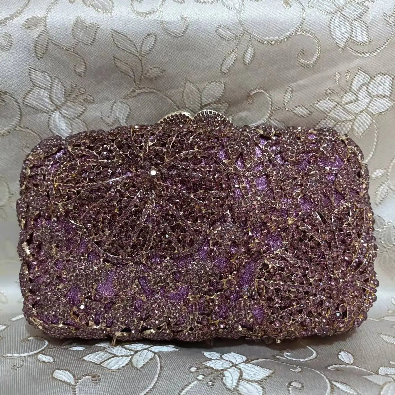 Purple Flower Woman Crystal Handbags Diamond Party Wedding Bridal Clutch Purse Birthday Gift Rhinestone Hollow Out Evening Bags