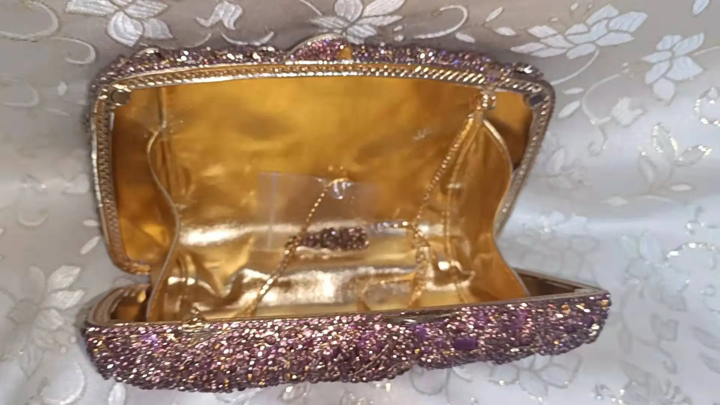 Purple Flower Woman Crystal Handbags Diamond Party Wedding Bridal Clutch Purse Birthday Gift Rhinestone Hollow Out Evening Bags