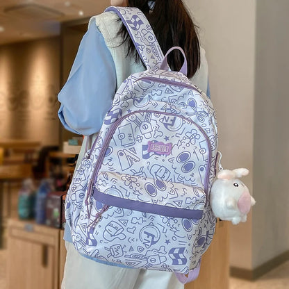 Purple Girl Cartoon Print Travel Book Backpack Women Laptop School Bag Female College Backpack Fashion Ladies Leisure Kawaii Bag