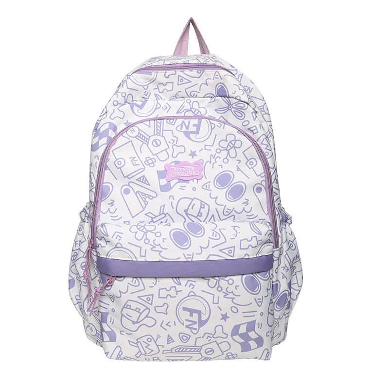 Purple Girl Cartoon Print Travel Book Backpack Women Laptop School Bag Female College Backpack Fashion Ladies Leisure Kawaii Bag
