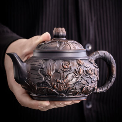 Purple Pottery Teapot Hand Carving  Ceramic Drink Pot Kettle Pot Kung Fu Tea Set Pure  Teapot Teapot for Tea Puer Tea