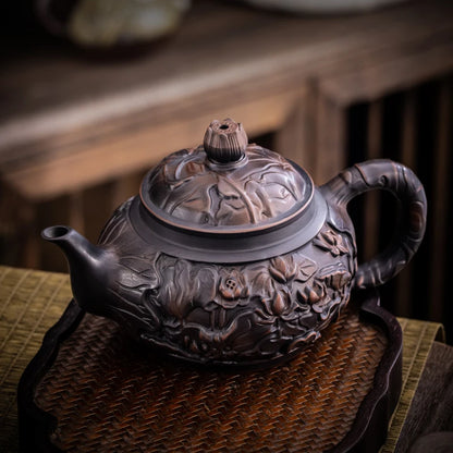 Purple Pottery Teapot Hand Carving  Ceramic Drink Pot Kettle Pot Kung Fu Tea Set Pure  Teapot Teapot for Tea Puer Tea