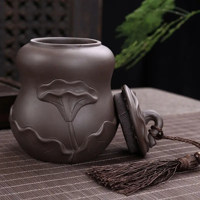 Purple Sand Ceramic Sealed Tea Caddy, Household Gourd Tea Canister, Moisture-Proof Tea Tank, Tank, Relief Lotus, Medium, 250g