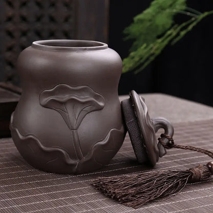 Purple Sand Ceramic Sealed Tea Caddy, Household Gourd Tea Canister, Moisture-Proof Tea Tank, Tank, Relief Lotus, Medium, 250g