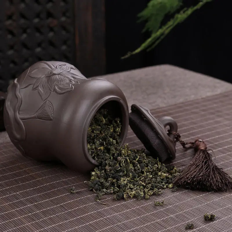 Purple Sand Ceramic Sealed Tea Caddy, Household Gourd Tea Canister, Moisture-Proof Tea Tank, Tank, Relief Lotus, Medium, 250g