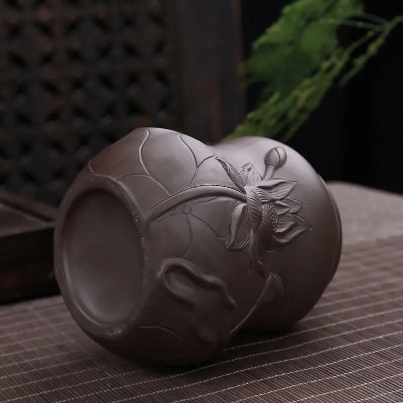 Purple Sand Ceramic Sealed Tea Caddy, Household Gourd Tea Canister, Moisture-Proof Tea Tank, Tank, Relief Lotus, Medium, 250g