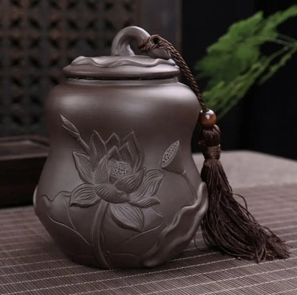 Purple Sand Ceramic Sealed Tea Caddy, Household Gourd Tea Canister, Moisture-Proof Tea Tank, Tank, Relief Lotus, Medium, 250g