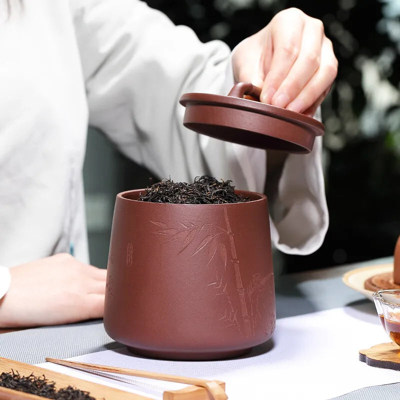 Purple Sand Tea Caddy Purple Sand Carving Tea Storage Pot Raw Ore Purple Clay Medium Pu'er Tea Storage Tank Comfortable
