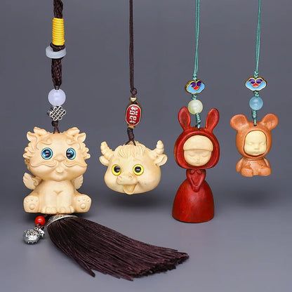 Purple Sandalwood Carved Deer Pendant, Cute Animal Mobile Phone Chain, One Have You Lucky Cat Keychain, Boxwood Craft Statues