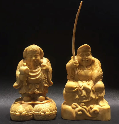 Q4292 - 6 cm High Hand Carved Boxwood Figurine Carving: Daikokuten & Ebisu