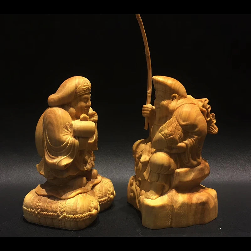 Q4292 - 6 cm High Hand Carved Boxwood Figurine Carving: Daikokuten & Ebisu