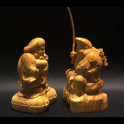 Q4292 - 6 cm High Hand Carved Boxwood Figurine Carving: Daikokuten & Ebisu