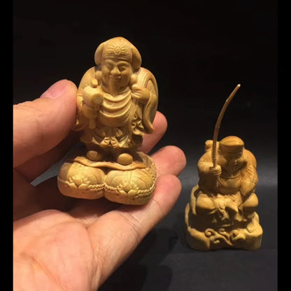 Q4292 - 6 cm High Hand Carved Boxwood Figurine Carving: Daikokuten & Ebisu