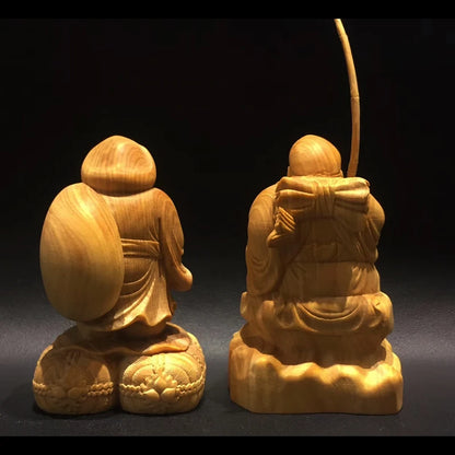 Q4292 - 6 cm High Hand Carved Boxwood Figurine Carving: Daikokuten & Ebisu