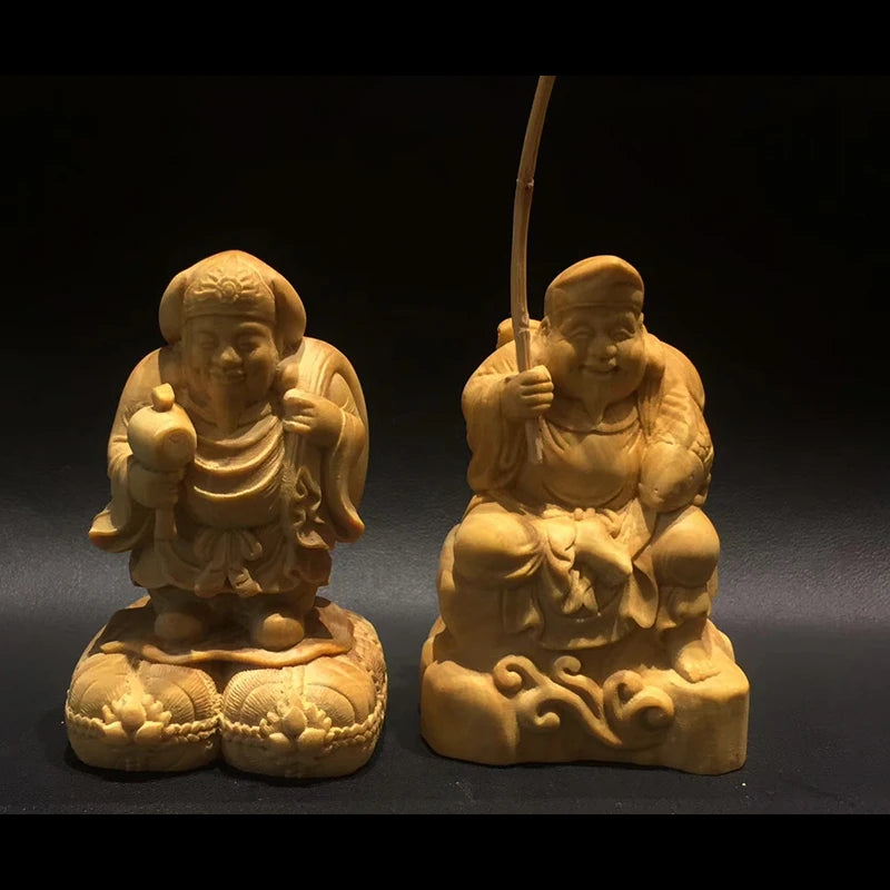 Q4292 - 6 cm High Hand Carved Boxwood Figurine Carving: Daikokuten & Ebisu