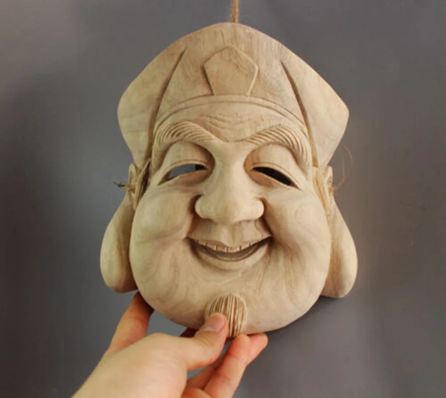 QH030 - 21x18.5x9 cm Hand Carved Japanese Noh Dikokuten Mask