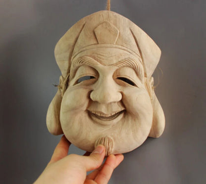 QH030 - 21x18.5x9 cm Hand Carved Japanese Noh Dikokuten Mask