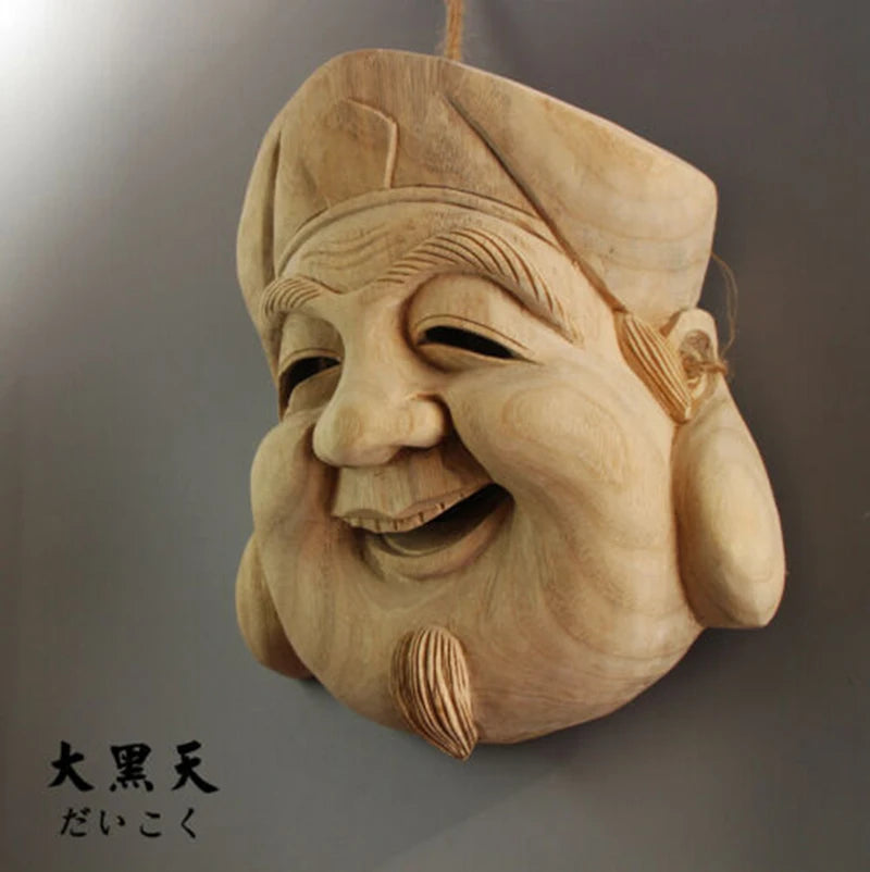 QH030 - 21x18.5x9 cm Hand Carved Japanese Noh Dikokuten Mask