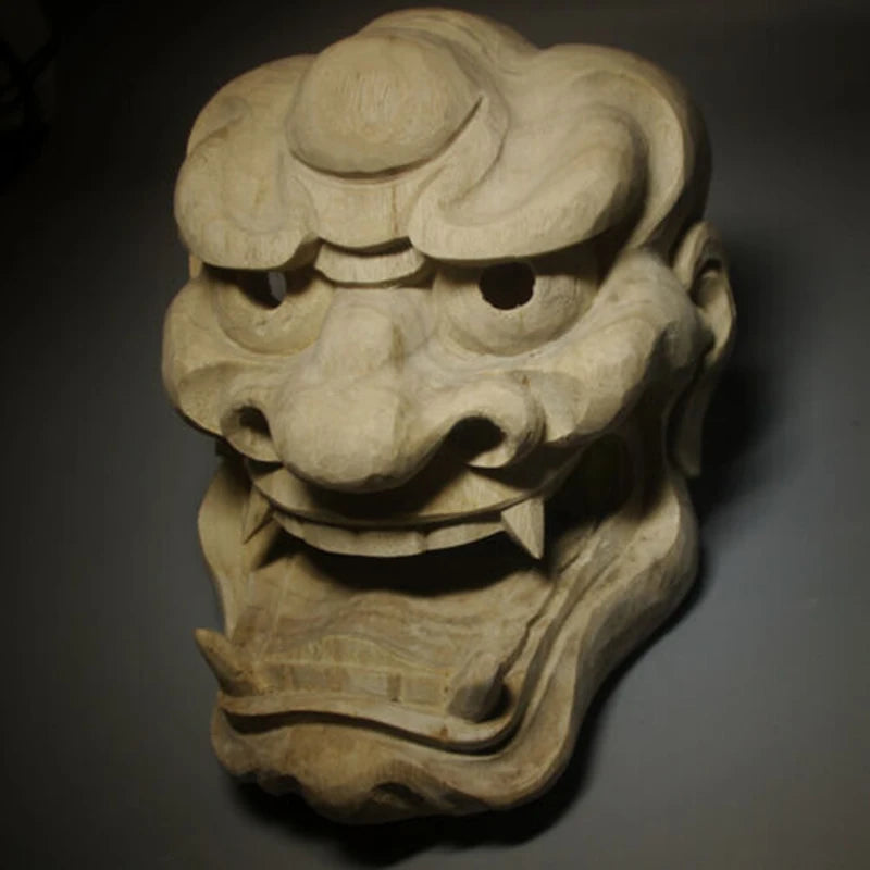 QH052- 22.5X17X10 CM Hand Carved Camphor Wood Japanese Lion Mask