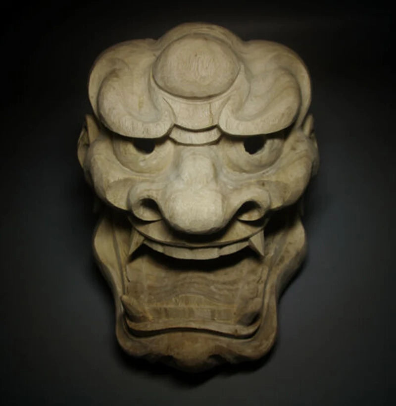 QH052- 22.5X17X10 CM Hand Carved Camphor Wood Japanese Lion Mask