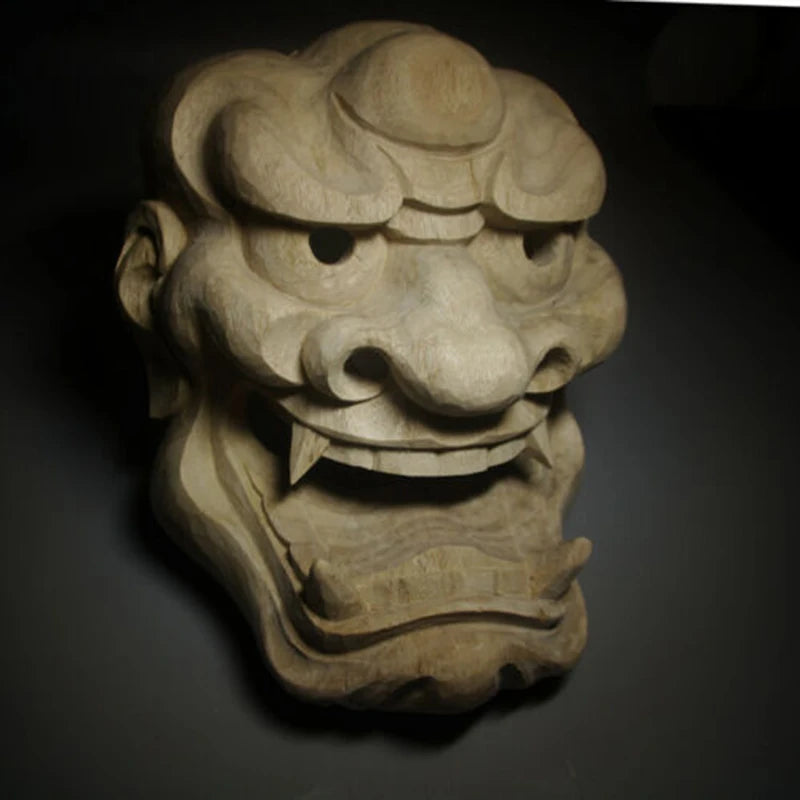 QH052- 22.5X17X10 CM Hand Carved Camphor Wood Japanese Lion Mask