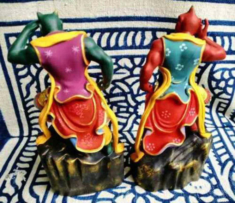 QH056 - 17*8.5 CM Hand Carved Boxwood Figurine Carving : Pair of Hand Painted Guardian Men